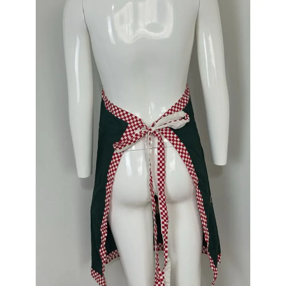 Vintage Handmade Christmas Apron Santa Teddy Bear Holiday Kitchen Gingham Trim